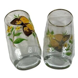 2 West Virginia Glass American Butterfly Floral Glasses Tumblers 12 oz Gold Rim